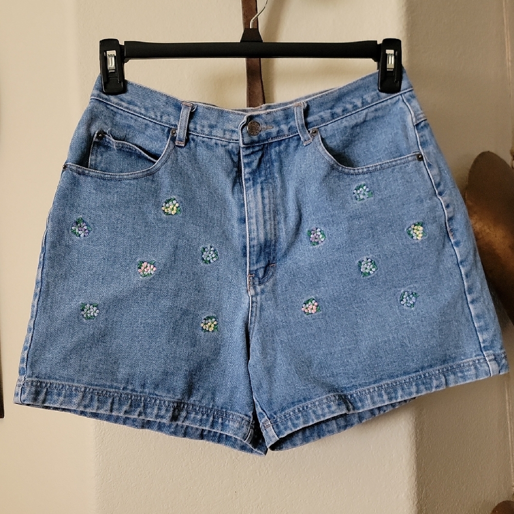 DENIM REPUBLIC DENIM Embroidered Shorts Multi Color Flowers Blue Denim Sz 13/14